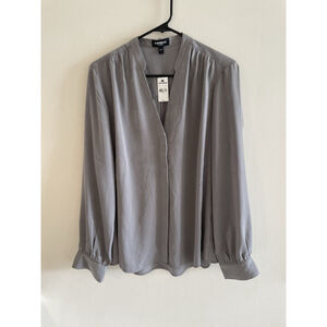 NEW! Express Portofino Gray Chiffon V-Neck Button Up Blouse Size L